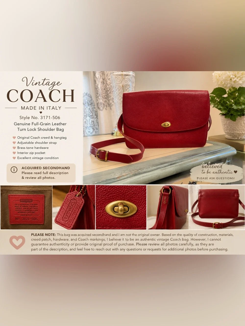 Vintage Coach Made in Italy Red Pebbled Leather Turn Lock Shoulder Bag - Picture 2 of 16